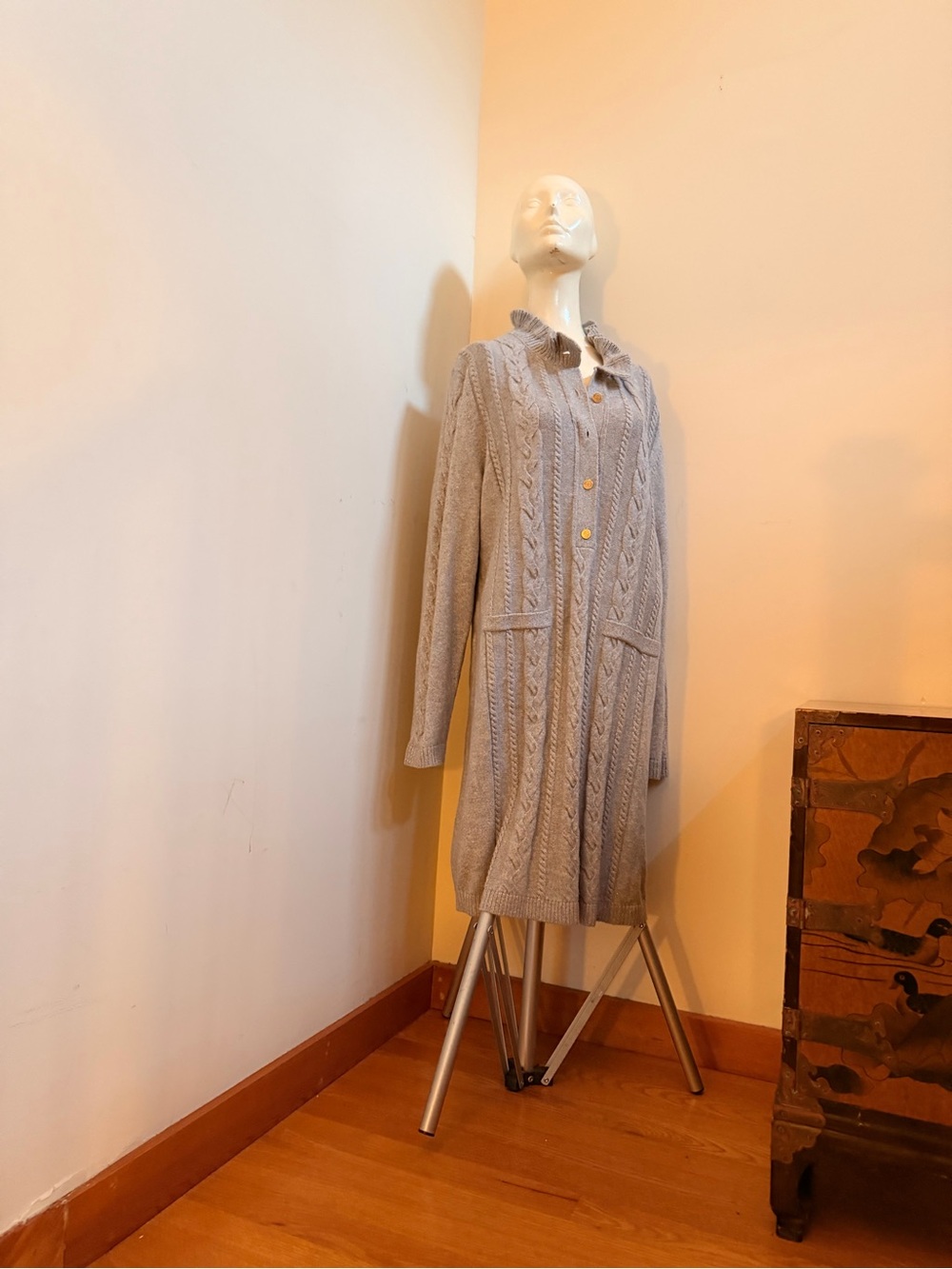 Light Gray Cable-Knit Button-Front Dress